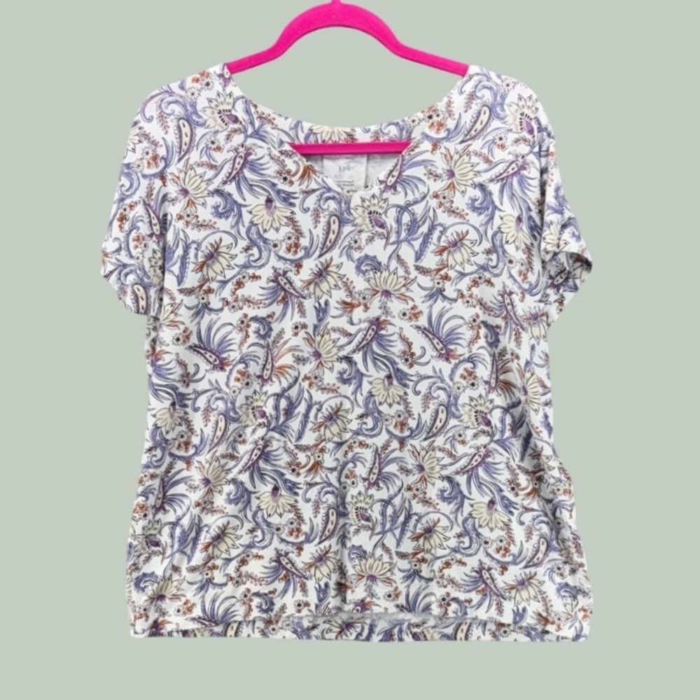 J Jill T Shirt Medium Luxe Supima Cotton Blend Paisley Floral Pleat Back Top